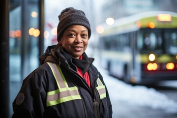 Portrait of a middle aged female bus driver - obrazy, fototapety, plakaty