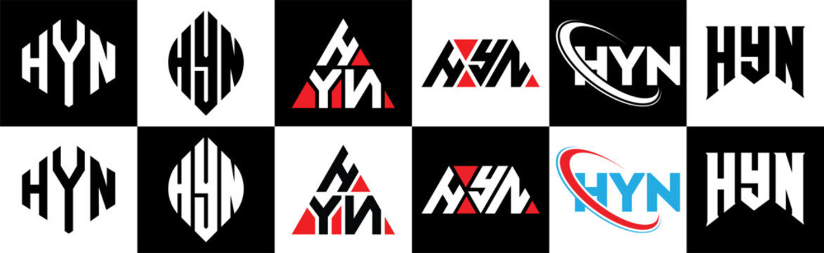 HYN letter logo design in six style. HYN polygon, circle, triangle, hexagon, flat and simple style with black and white color variation letter logo set in one artboard. HYN minimalist and classic logo