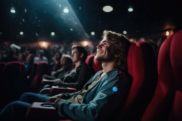 Obraz na płótnie Canvas Smiling young man enjoying movie in the cinema