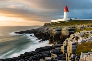 View of the Black Head Lighthouse on the Burren Coast of County Clare, Ireland Generative AI