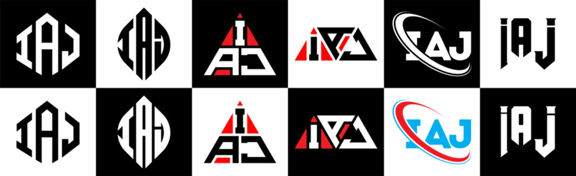 IAJ letter logo design in six style. IAJ polygon, circle, triangle, hexagon, flat and simple style with black and white color variation letter logo set in one artboard. IAJ minimalist and classic logo