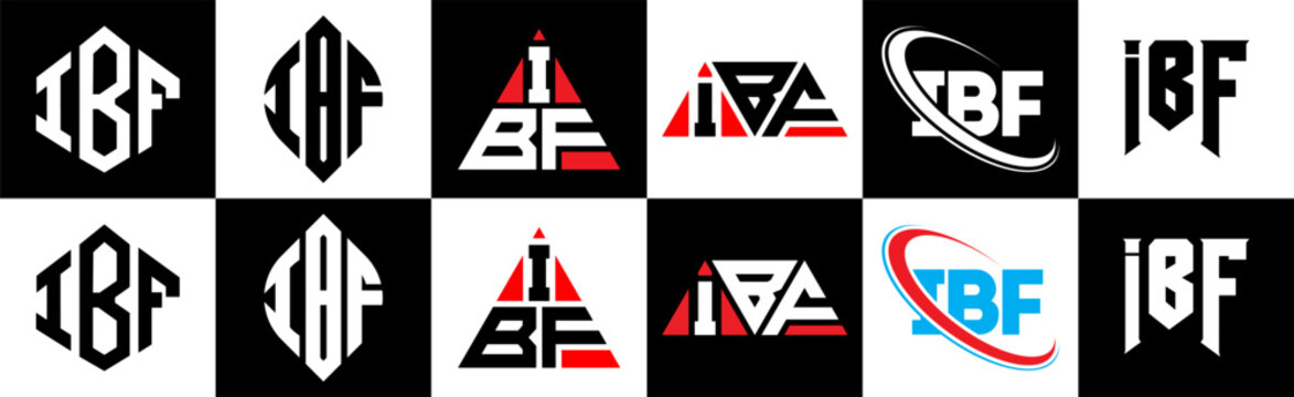 IBF letter logo design in six style. IBF polygon, circle, triangle, hexagon, flat and simple style with black and white color variation letter logo set in one artboard. IBF minimalist and classic logo