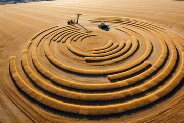 Fototapeta na wymiar Combine harvester creating symmetrical patterns in a vast golden wheat field