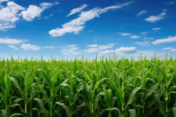 Lush green cornfield under a vibrant blue sky with fluffy white clouds - obrazy, fototapety, plakaty