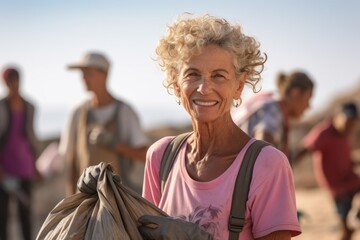 Portrait of a smiling senior woman cleaning beach