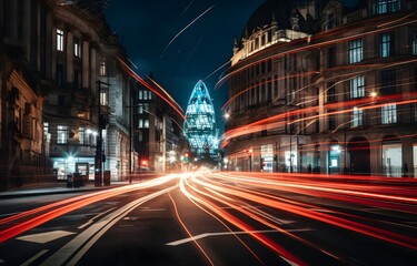 the city of london at night with traffic coming out of the street