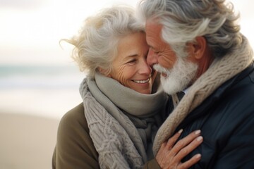 Portrait of a happy senior couple on the beach at winter