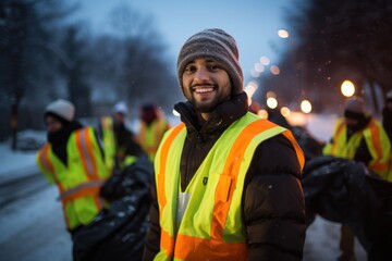 Portrait of a sanitation worker during winter collecting trash with a happy demeanor