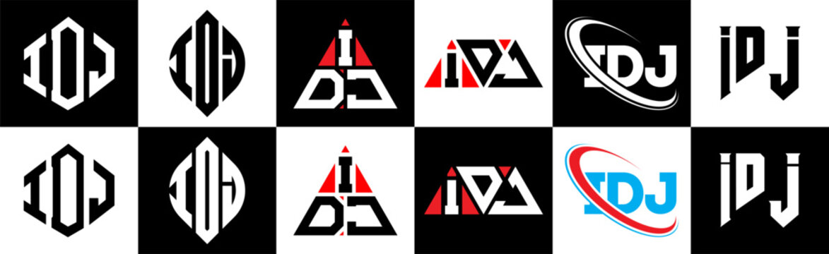 IDJ letter logo design in six style. IDJ polygon, circle, triangle, hexagon, flat and simple style with black and white color variation letter logo set in one artboard. IDJ minimalist and classic logo