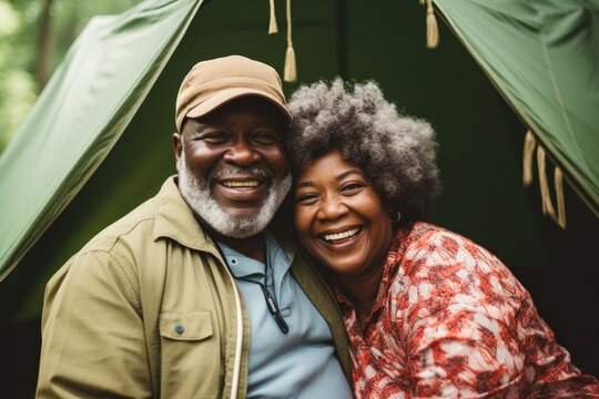 Smiling Portrait Of A Happy Senior Couple Camping In Nature