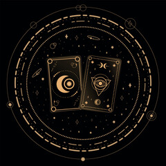 Divination Tarot cards on black background. Fortune telling. Tarot symbolism. Mystery, astrology, esoteric. Vector illustration