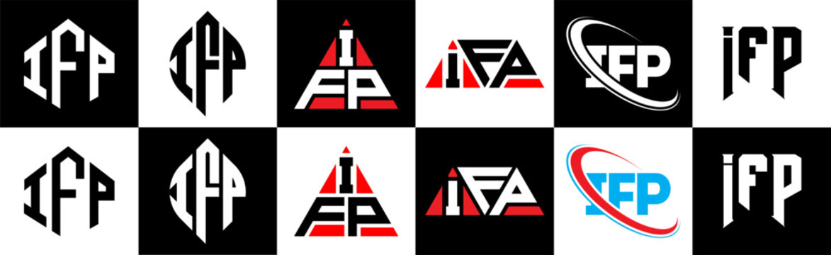 IFP letter logo design in six style. IFP polygon, circle, triangle, hexagon, flat and simple style with black and white color variation letter logo set in one artboard. IFP minimalist and classic logo