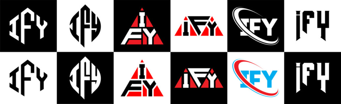 IFY letter logo design in six style. IFY polygon, circle, triangle, hexagon, flat and simple style with black and white color variation letter logo set in one artboard. IFY minimalist and classic logo