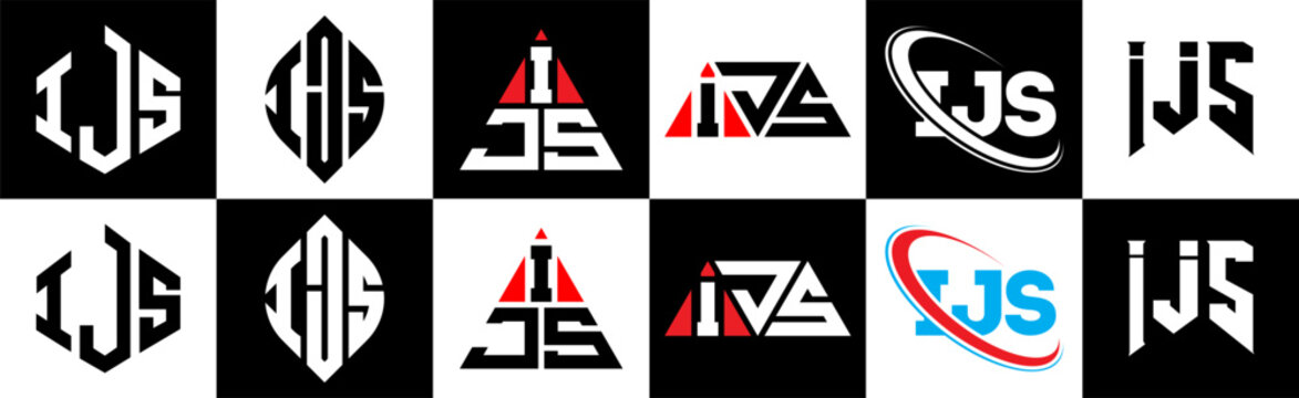 IJS letter logo design in six style. IJS polygon, circle, triangle, hexagon, flat and simple style with black and white color variation letter logo set in one artboard. IJS minimalist and classic logo