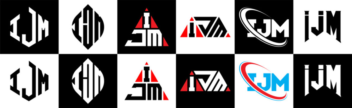 IJM letter logo design in six style. IJM polygon, circle, triangle, hexagon, flat and simple style with black and white color variation letter logo set in one artboard. IJM minimalist and classic logo