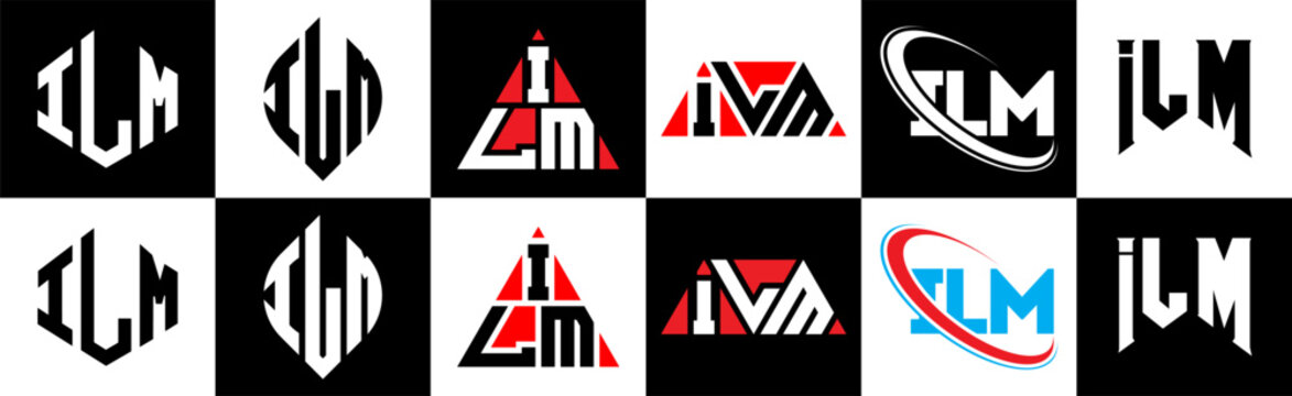 ILM letter logo design in six style. ILM polygon, circle, triangle, hexagon, flat and simple style with black and white color variation letter logo set in one artboard. ILM minimalist and classic logo