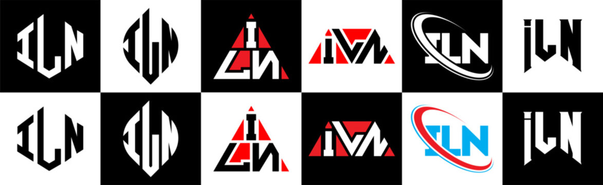 ILN letter logo design in six style. ILN polygon, circle, triangle, hexagon, flat and simple style with black and white color variation letter logo set in one artboard. ILN minimalist and classic logo