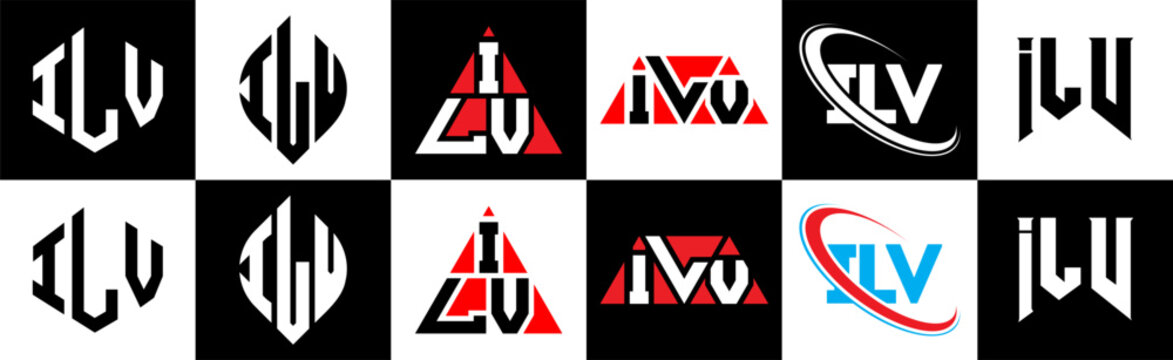 ILV letter logo design in six style. ILV polygon, circle, triangle, hexagon, flat and simple style with black and white color variation letter logo set in one artboard. ILV minimalist and classic logo