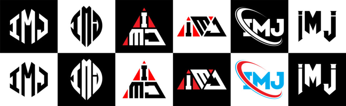 IMJ letter logo design in six style. IMJ polygon, circle, triangle, hexagon, flat and simple style with black and white color variation letter logo set in one artboard. IMJ minimalist and classic logo