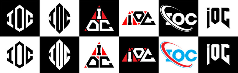 IOC letter logo design in six style. IOC polygon, circle, triangle, hexagon, flat and simple style with black and white color variation letter logo set in one artboard. IOC minimalist and classic logo