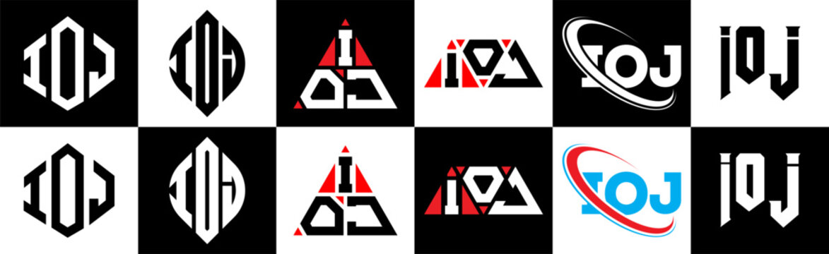 IOJ letter logo design in six style. IOJ polygon, circle, triangle, hexagon, flat and simple style with black and white color variation letter logo set in one artboard. IOJ minimalist and classic logo
