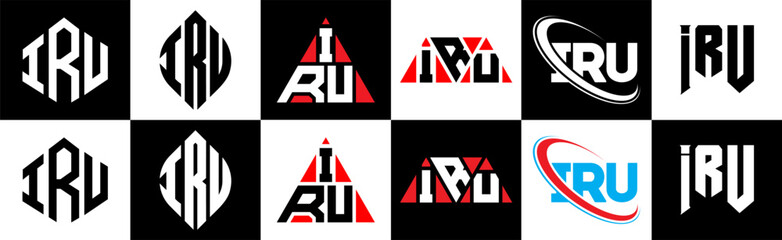 IRU letter logo design in six style. IRU polygon, circle, triangle, hexagon, flat and simple style with black and white color variation letter logo set in one artboard. IRU minimalist and classic logo