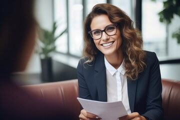 happy female wearing glasses smiling to a client in office