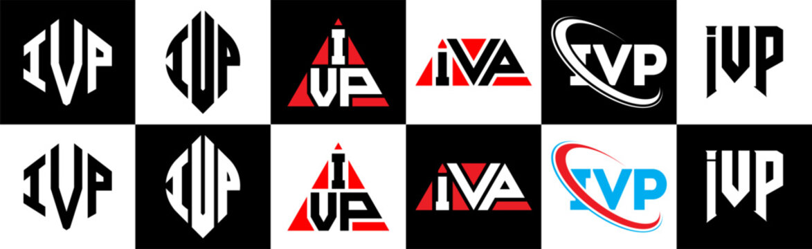 IVP letter logo design in six style. IVP polygon, circle, triangle, hexagon, flat and simple style with black and white color variation letter logo set in one artboard. IVP minimalist and classic logo