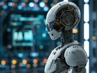 Fototapeta premium A robot looking a screen with detailed charts