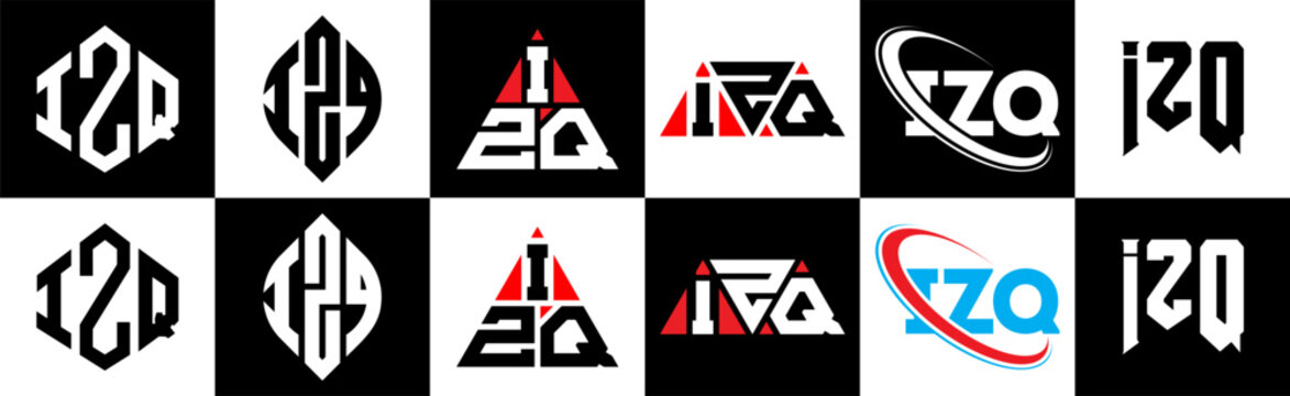 IZQ letter logo design in six style. IZQ polygon, circle, triangle, hexagon, flat and simple style with black and white color variation letter logo set in one artboard. IZQ minimalist and classic logo