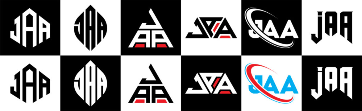 JAA letter logo design in six style. JAA polygon, circle, triangle, hexagon, flat and simple style with black and white color variation letter logo set in one artboard. JAA minimalist and classic logo