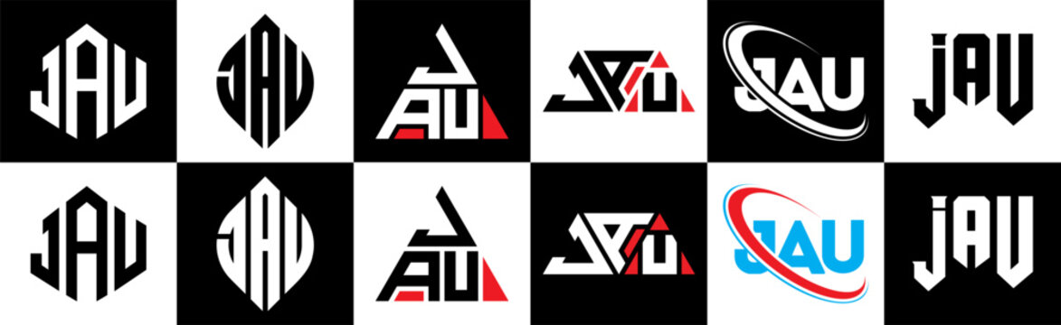 JAU letter logo design in six style. JAU polygon, circle, triangle, hexagon, flat and simple style with black and white color variation letter logo set in one artboard. JAU minimalist and classic logo