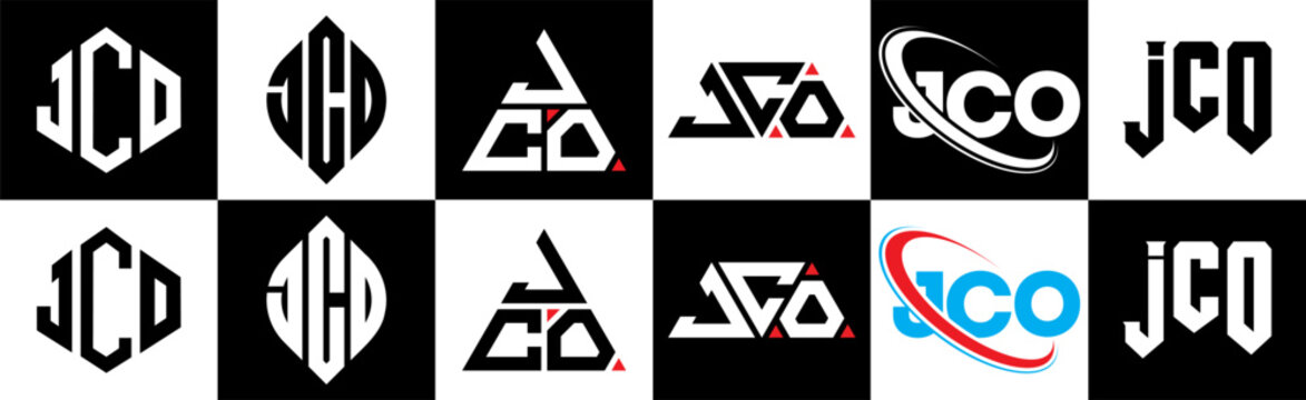 JCO letter logo design in six style. JCO polygon, circle, triangle, hexagon, flat and simple style with black and white color variation letter logo set in one artboard. JCO minimalist and classic logo