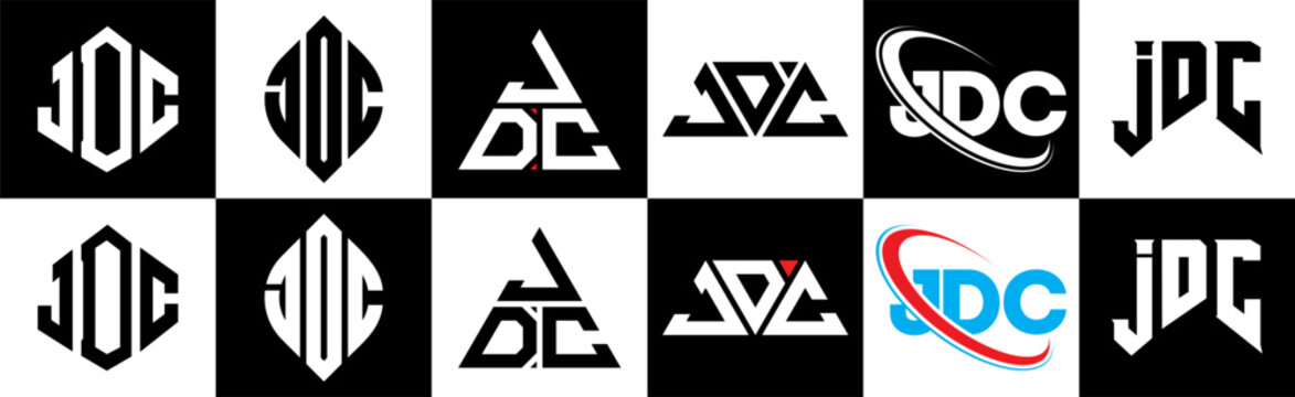 JDC letter logo design in six style. JDC polygon, circle, triangle, hexagon, flat and simple style with black and white color variation letter logo set in one artboard. JDC minimalist and classic logo
