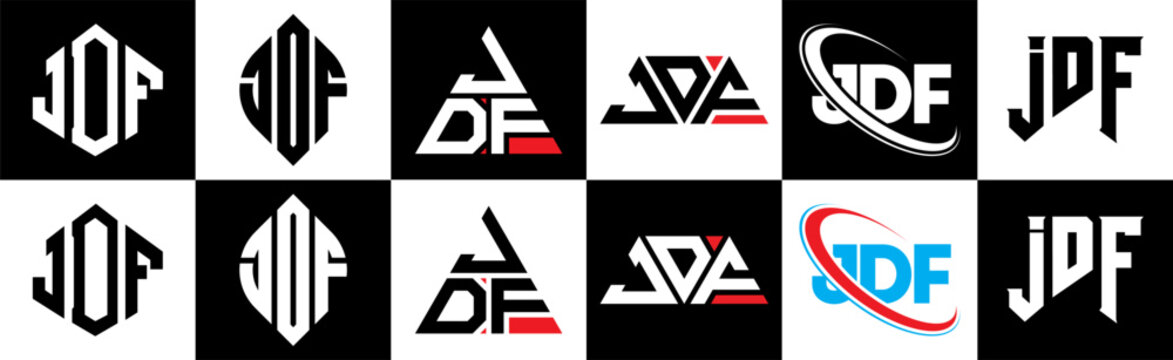 JDF letter logo design in six style. JDF polygon, circle, triangle, hexagon, flat and simple style with black and white color variation letter logo set in one artboard. JDF minimalist and classic logo