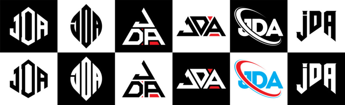 JDA letter logo design in six style. JDA polygon, circle, triangle, hexagon, flat and simple style with black and white color variation letter logo set in one artboard. JDA minimalist and classic logo