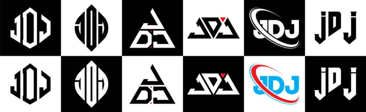 JDJ letter logo design in six style. JDJ polygon, circle, triangle, hexagon, flat and simple style with black and white color variation letter logo set in one artboard. JDJ minimalist and classic logo