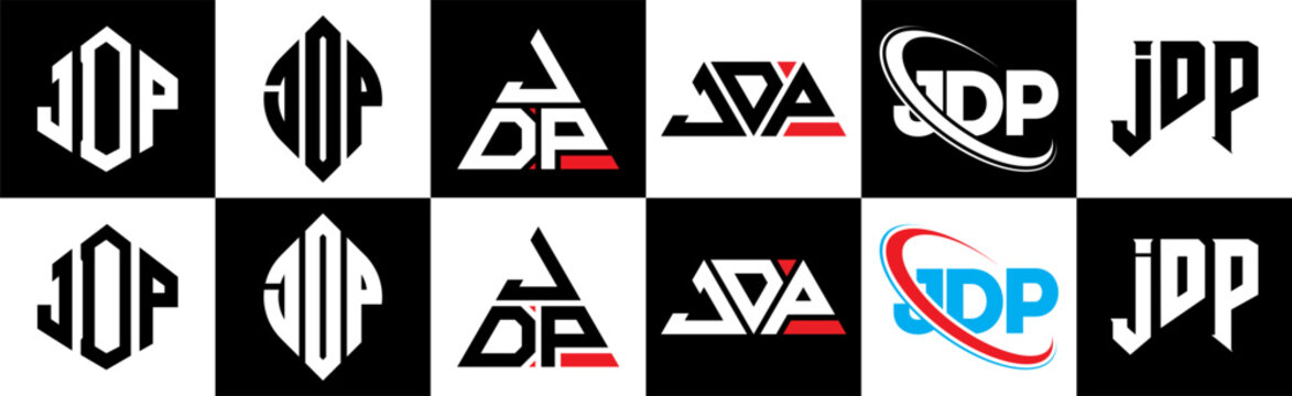 JDP letter logo design in six style. JDP polygon, circle, triangle, hexagon, flat and simple style with black and white color variation letter logo set in one artboard. JDP minimalist and classic logo