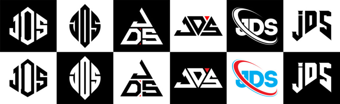 JDS letter logo design in six style. JDS polygon, circle, triangle, hexagon, flat and simple style with black and white color variation letter logo set in one artboard. JDS minimalist and classic logo
