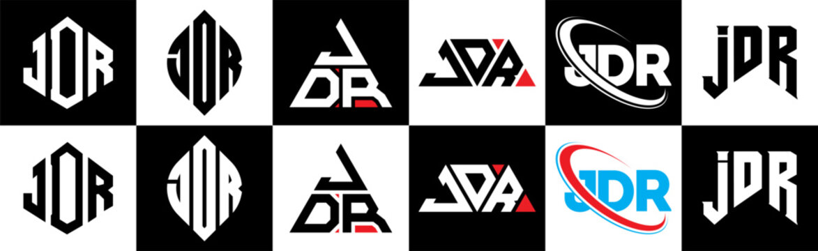 JDR letter logo design in six style. JDR polygon, circle, triangle, hexagon, flat and simple style with black and white color variation letter logo set in one artboard. JDR minimalist and classic logo