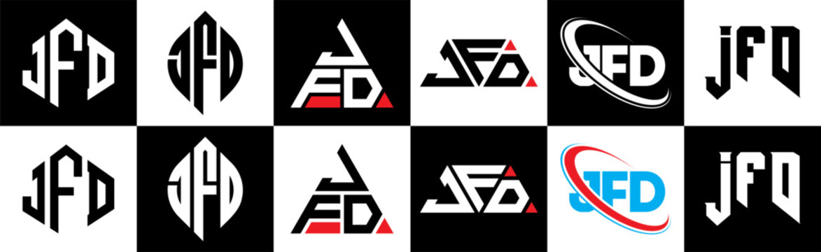 JFD letter logo design in six style. JFD polygon, circle, triangle, hexagon, flat and simple style with black and white color variation letter logo set in one artboard. JFD minimalist and classic logo