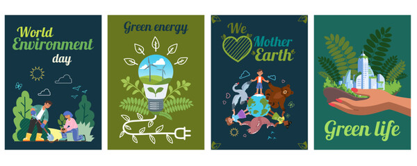 Earth day. World nature. Planet environment conservation. Save globe eco. Children poster with ecology map. Green life. Renewable energy. Clean ecosystem. Vector global ecology protection cards set