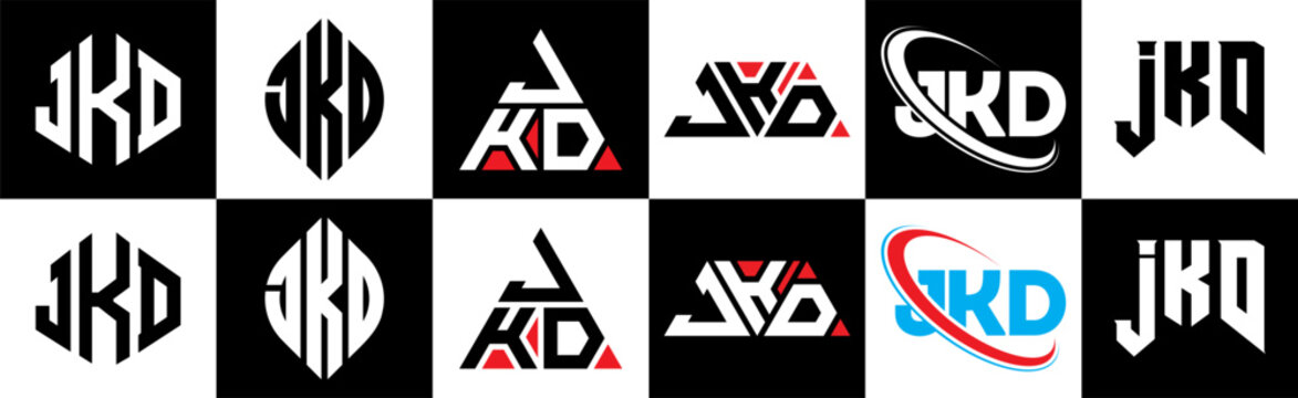 JKD letter logo design in six style. JKD polygon, circle, triangle, hexagon, flat and simple style with black and white color variation letter logo set in one artboard. JKD minimalist and classic logo
