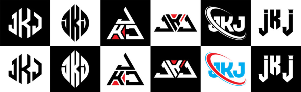 JKJ letter logo design in six style. JKJ polygon, circle, triangle, hexagon, flat and simple style with black and white color variation letter logo set in one artboard. JKJ minimalist and classic logo