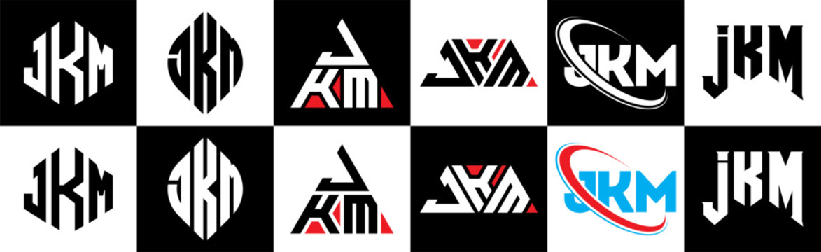 JKM letter logo design in six style. JKM polygon, circle, triangle, hexagon, flat and simple style with black and white color variation letter logo set in one artboard. JKM minimalist and classic logo