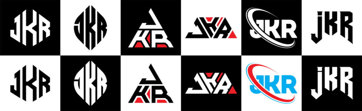 JKR letter logo design in six style. JKR polygon, circle, triangle, hexagon, flat and simple style with black and white color variation letter logo set in one artboard. JKR minimalist and classic logo