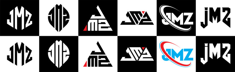 JMZ letter logo design in six style. JMZ polygon, circle, triangle, hexagon, flat and simple style with black and white color variation letter logo set in one artboard. JMZ minimalist and classic logo