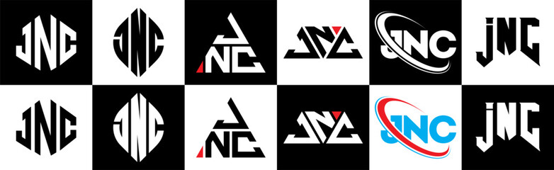 Obraz premium JNC letter logo design in six style. JNC polygon, circle, triangle, hexagon, flat and simple style with black and white color variation letter logo set in one artboard. JNC minimalist and classic logo