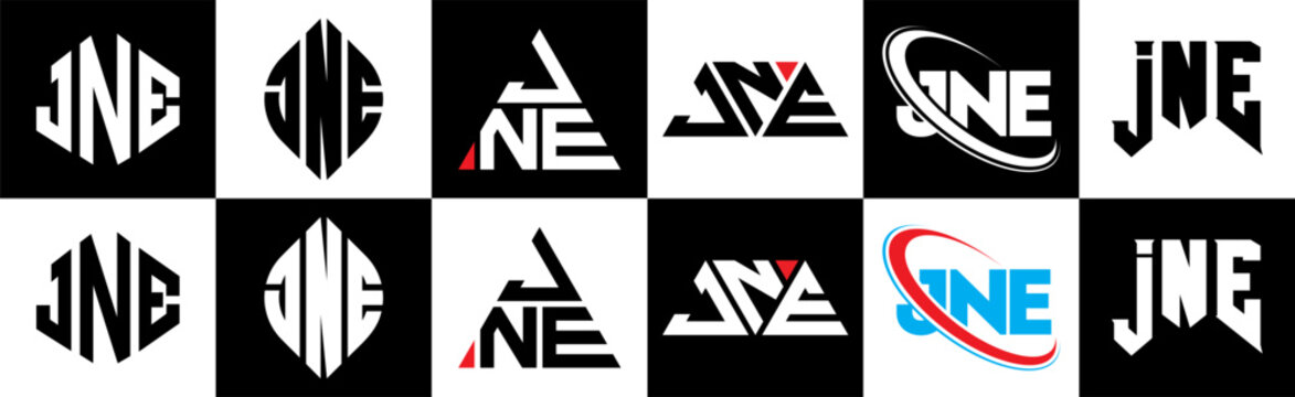 JNE letter logo design in six style. JNE polygon, circle, triangle, hexagon, flat and simple style with black and white color variation letter logo set in one artboard. JNE minimalist and classic logo