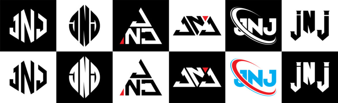 JNJ letter logo design in six style. JNJ polygon, circle, triangle, hexagon, flat and simple style with black and white color variation letter logo set in one artboard. JNJ minimalist and classic logo